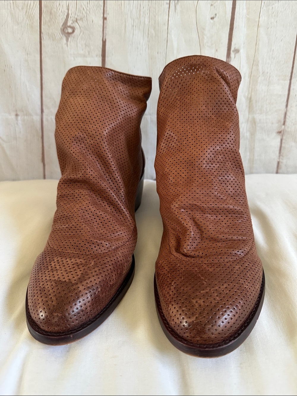 Isola leather upper perforated slouchy ankle boots 2 inch heels size 9.5